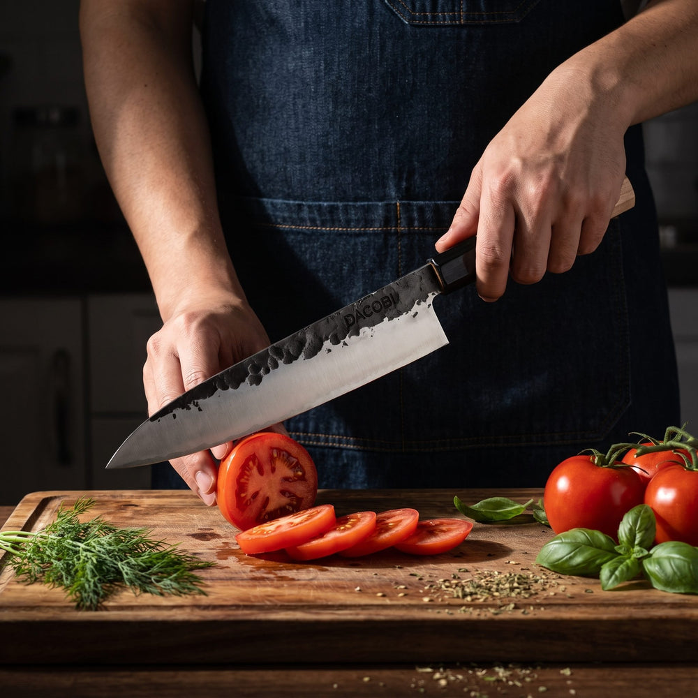 Professzionális Gyuto kés használat közben a konyhában