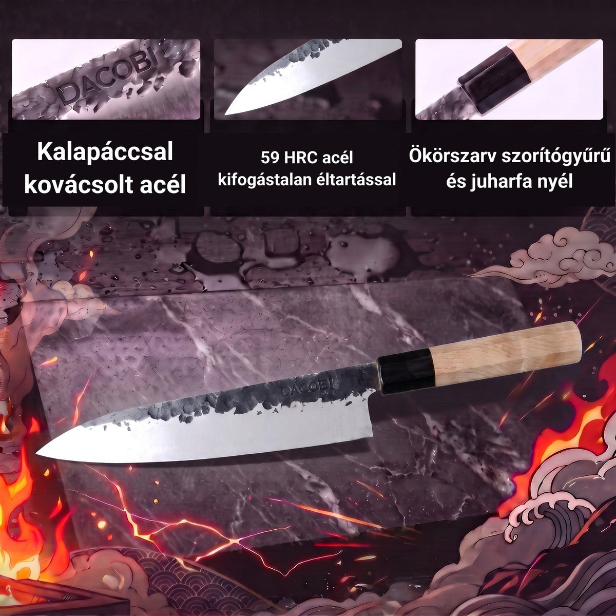 Infografika a Gyuto kés jellemzőiről