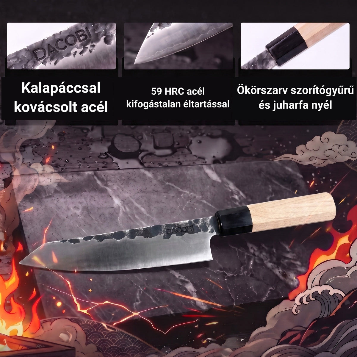Infografika a Honesuki kés jellemzőiről