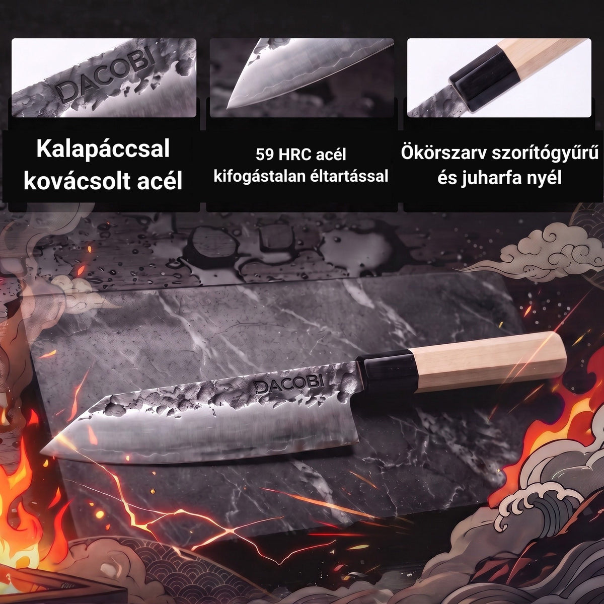 Infografika a Kiritsuke kés jellemzőiről